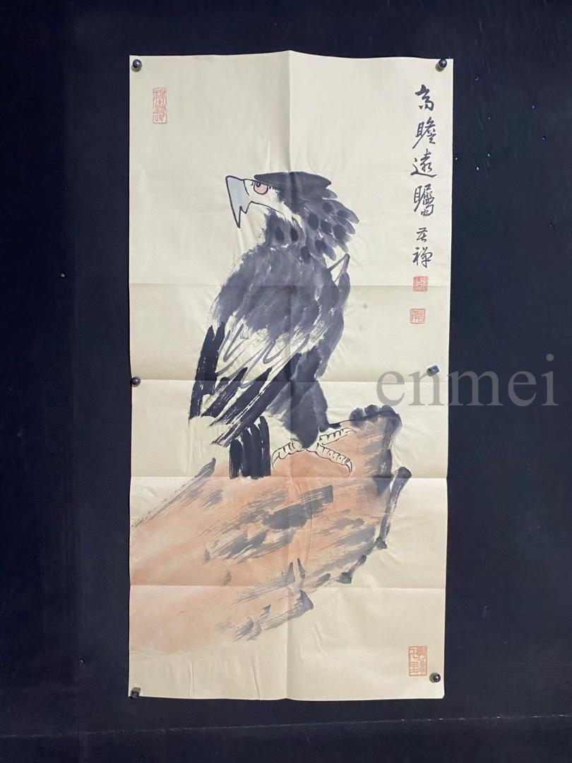 中国古美術・鹰 四条屏画芯・李苦禅印款・水墨画・純手描き・書道品・宣紙・水印付き 中国古美術・鹰 四条屏画芯・李苦禅印款・水墨画・純手描き