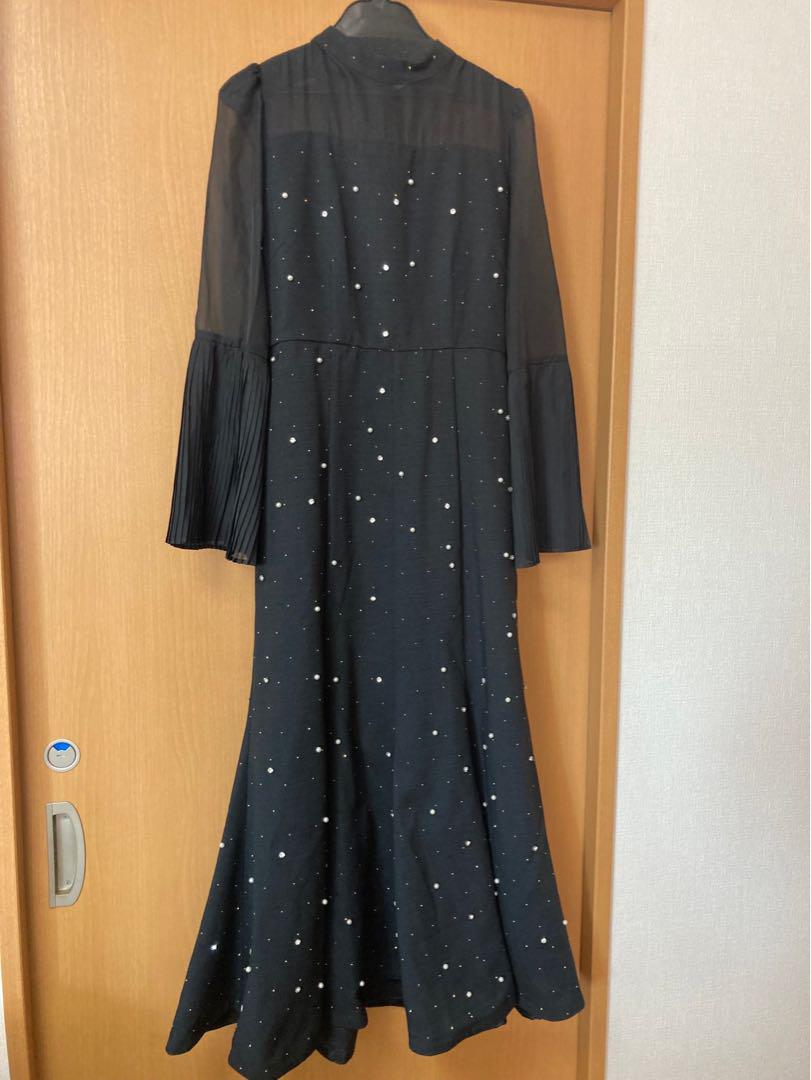 LEJA パールビジュー付き透け感プリーツフレアスリーブビーズマーメイドドレスS