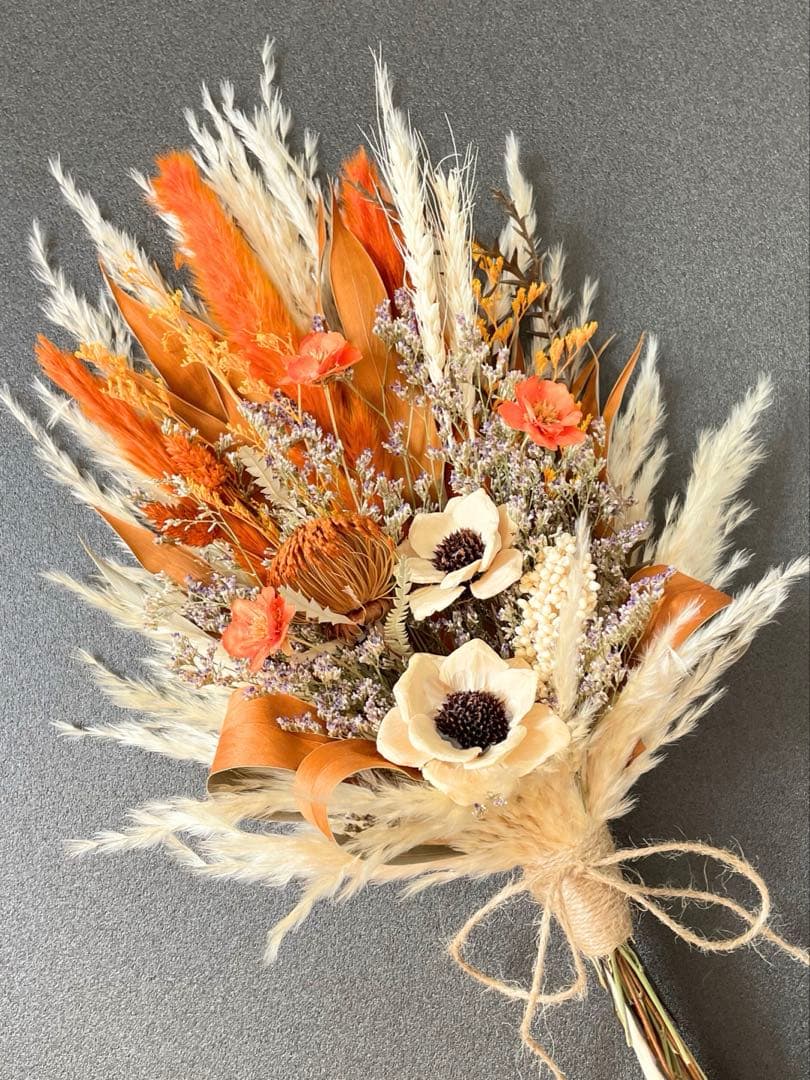 オレンジ映える ドライフラワーブーケ ウエディングブーケ 前撮り スワッグ 秋 YUZUMIYA_COM