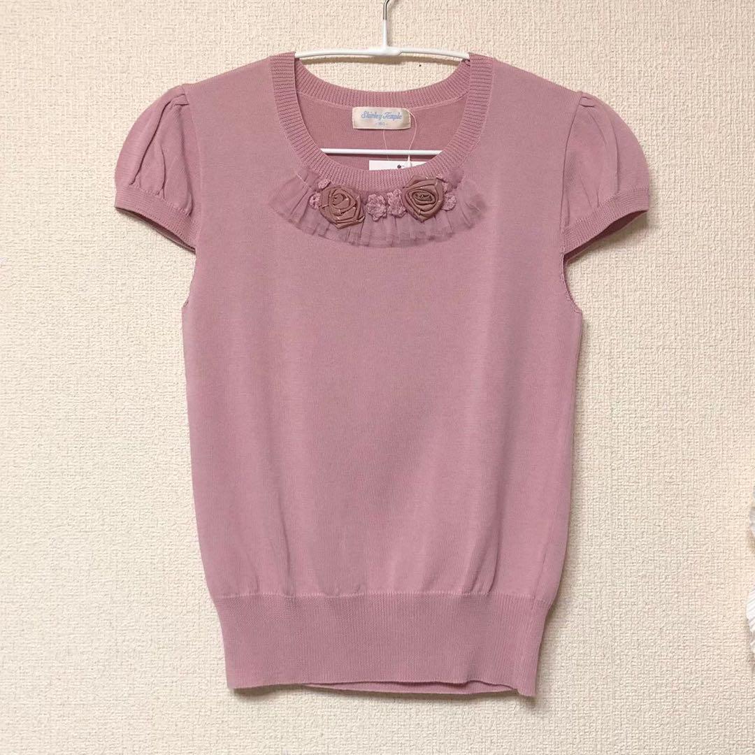 シャーリーテンプル　巻薔薇レースサマー半袖ニット　160cmピンク　新品タグ付