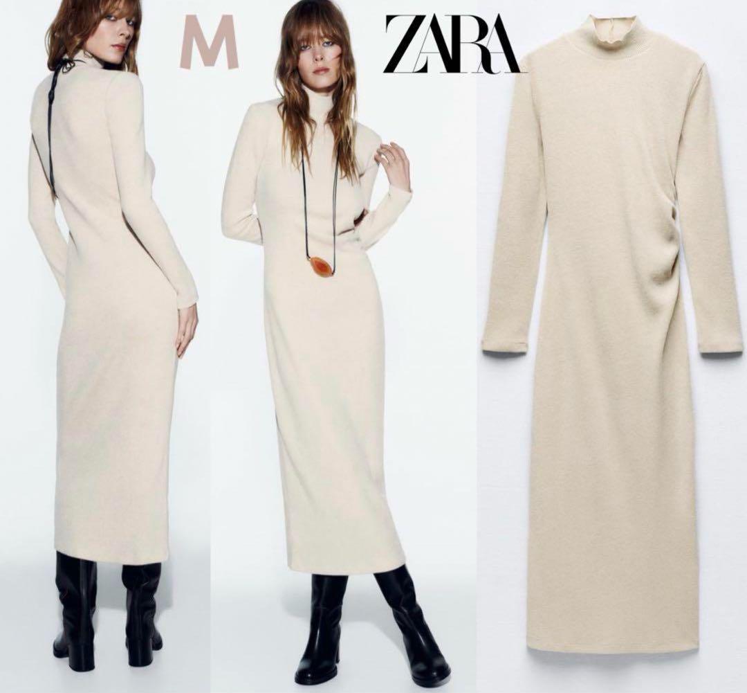 新品ZARA 美シルエット！サイドギャザー ニット ロングワンピース M