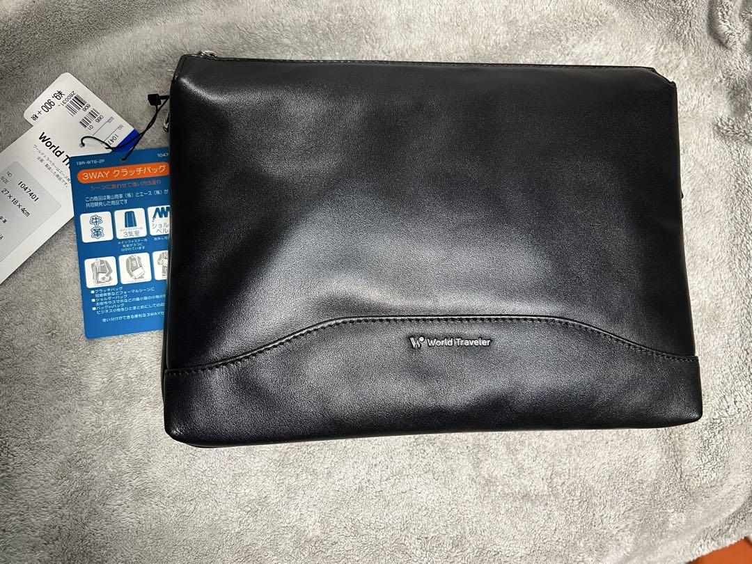 World Traveler 牛革クラッチバッグ ブラック ショルダーベルト付き