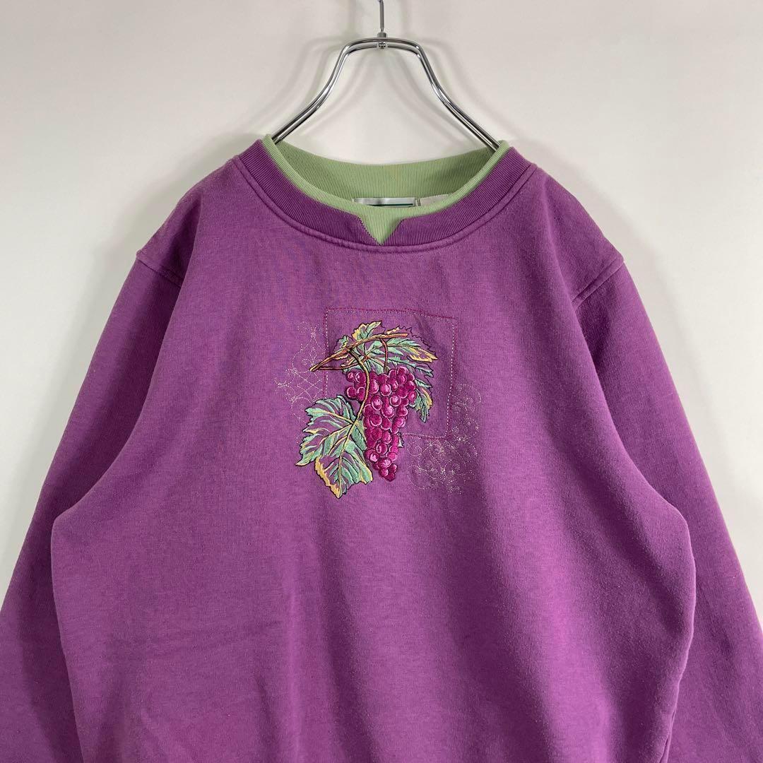 ぶどう 果物 ビック刺繍 パープル 古着スウェットL 22sw5