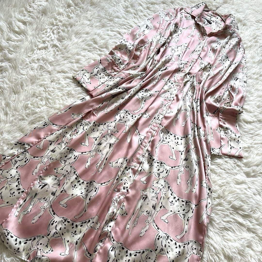 ZARA ダルメシアン柄　ロングシャツワンピース ピンク