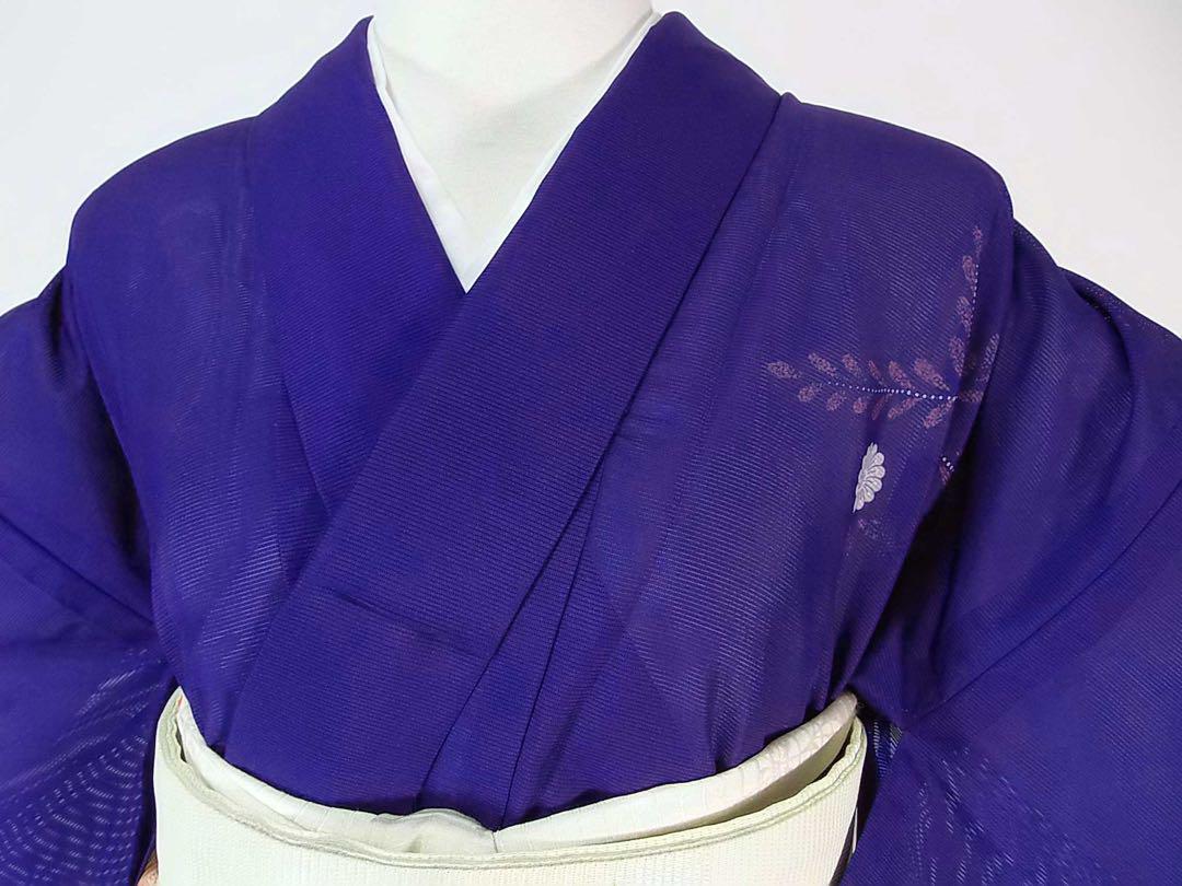 美品　洗える夏着物　附け下げ　訪問着　駒絽　辻ヶ花に鳳凰文様　手縫い　黒色系 洗える夏着物(絽・付け下げ訪問着) Lフリーサイズ 紺色地に