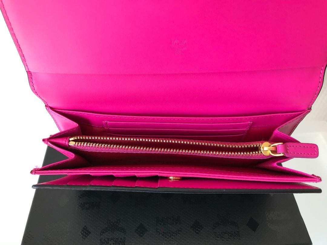 MCM 長財布 レディース ピンクxブラック 7O6LE-m84933299894 Wホック レザー 三つ折り 特価定番