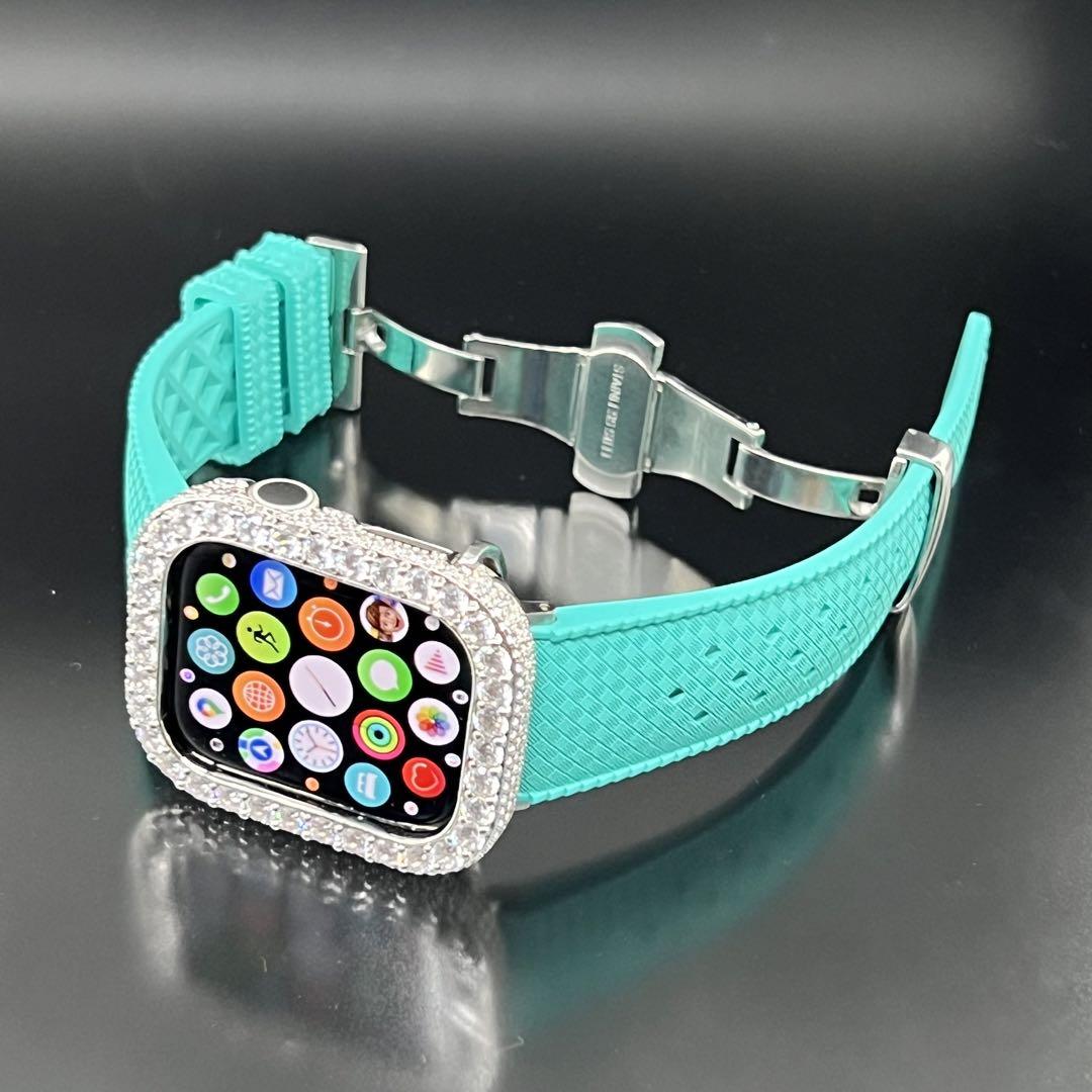 アップルウォッチ シルバーczダイヤモンドベゼル ティファニーブルーベルト