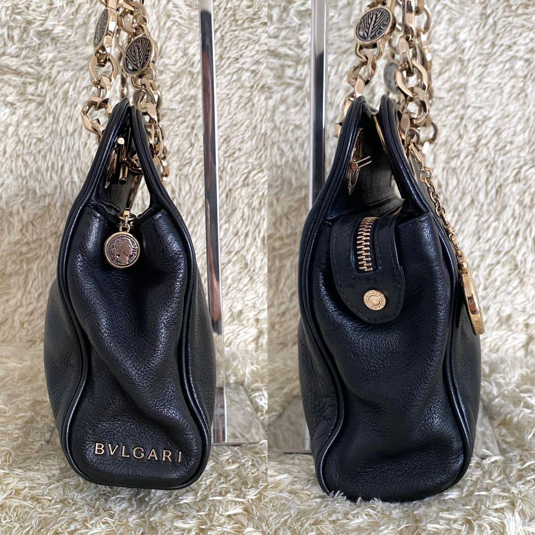 美品✨ ブルガリ モネーテ レザー チェーン ハンドバッグ 黒 ゴールド