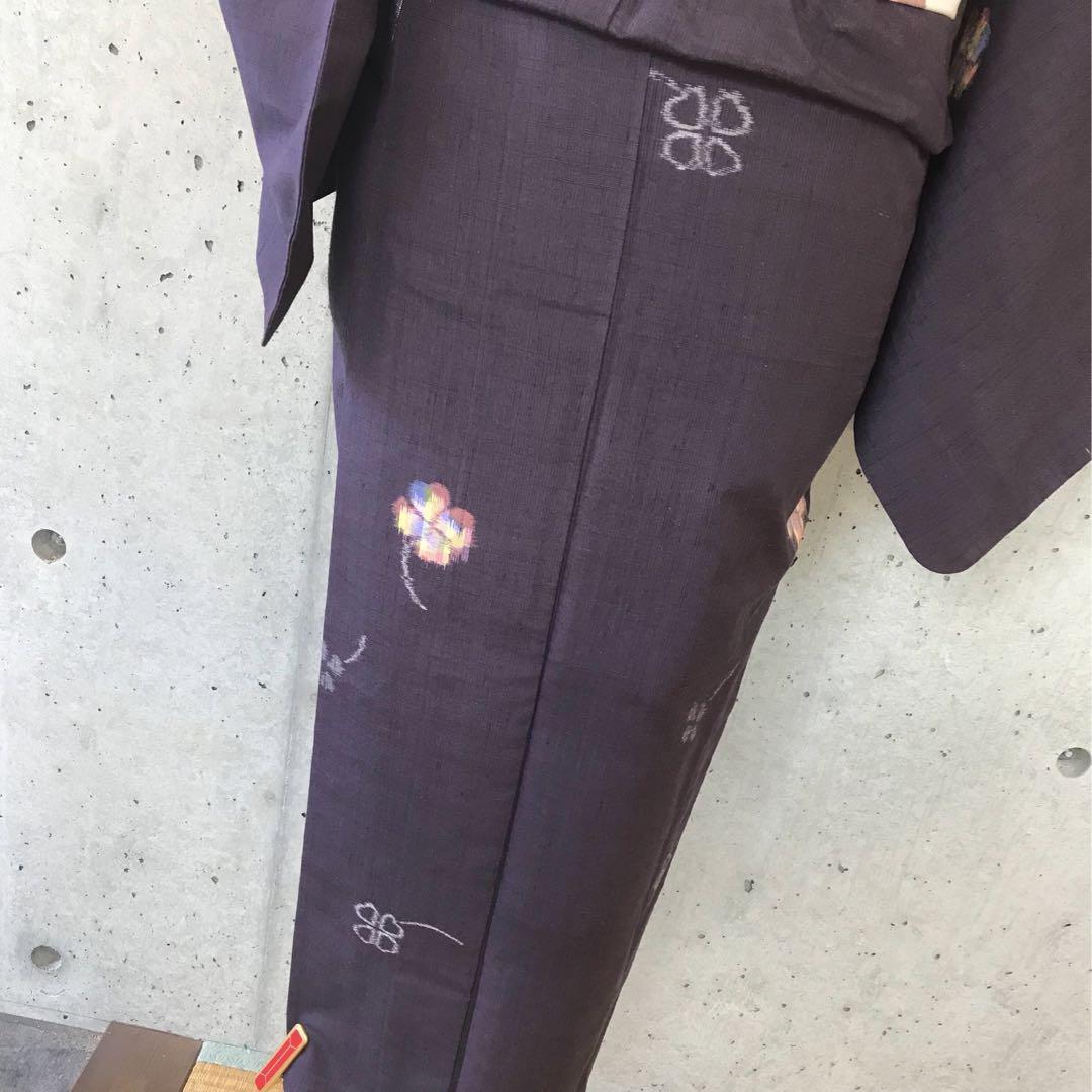 【単衣】紬お着物　クローバー柄　バチ襟　居敷当て無し　小さめサイズ