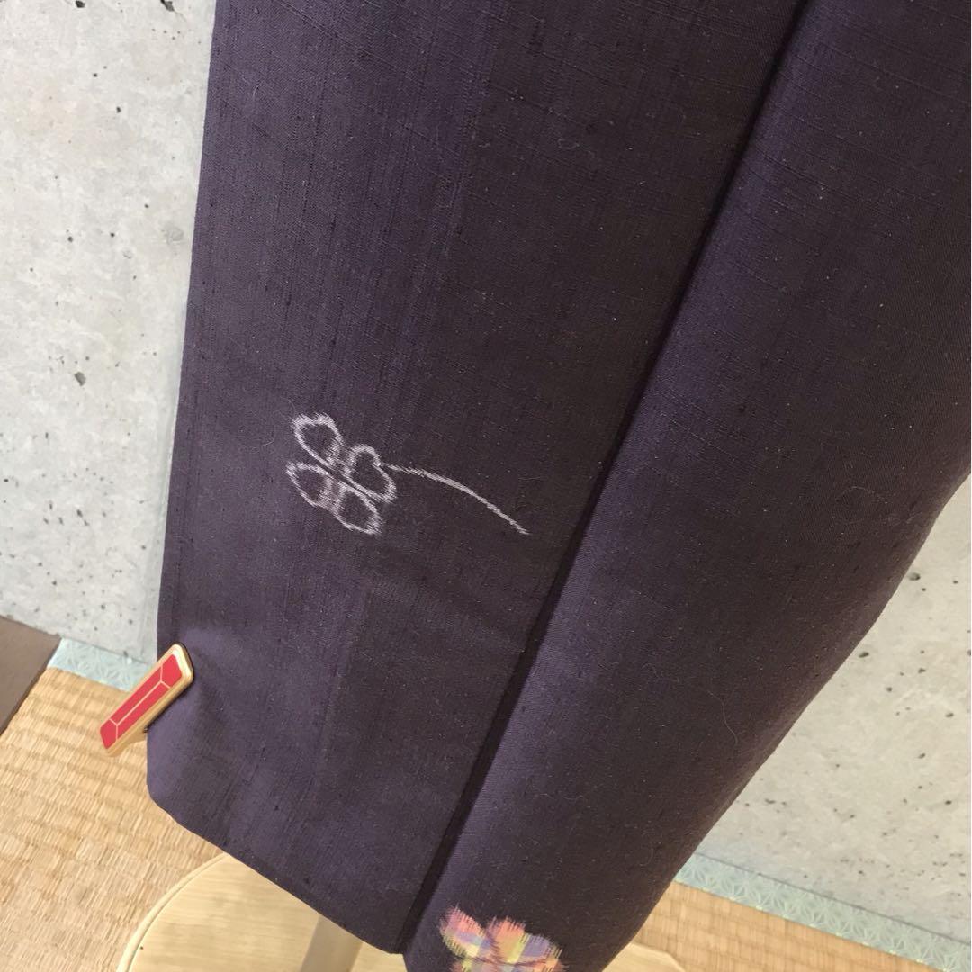 【単衣】紬お着物　クローバー柄　バチ襟　居敷当て無し　小さめサイズ