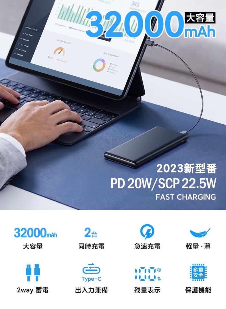 32000mAh大容量&超薄型】モバイルバッテリー 大容量 22.5W急速