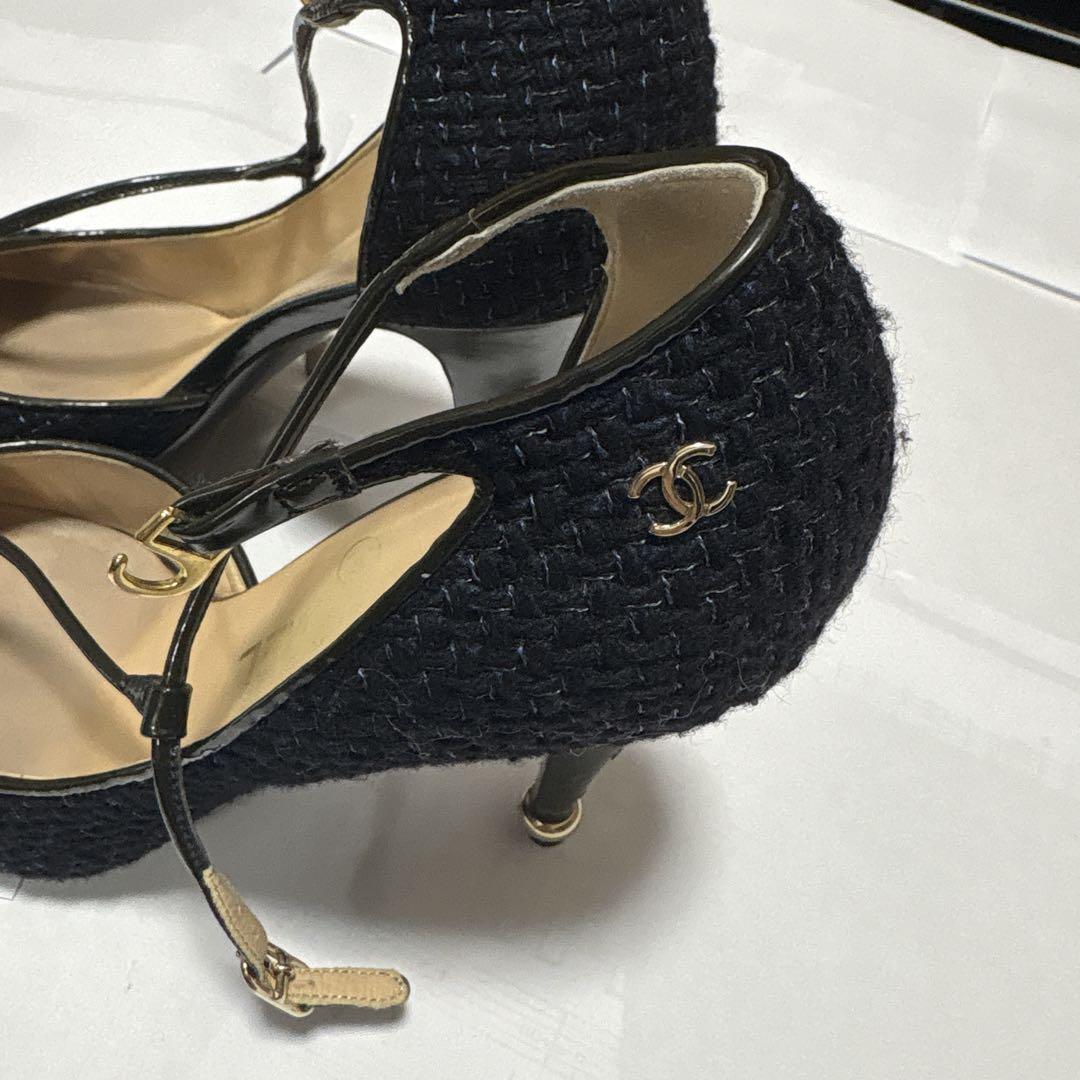 CHANEL ネイビー ツイード エナメル ハイヒール