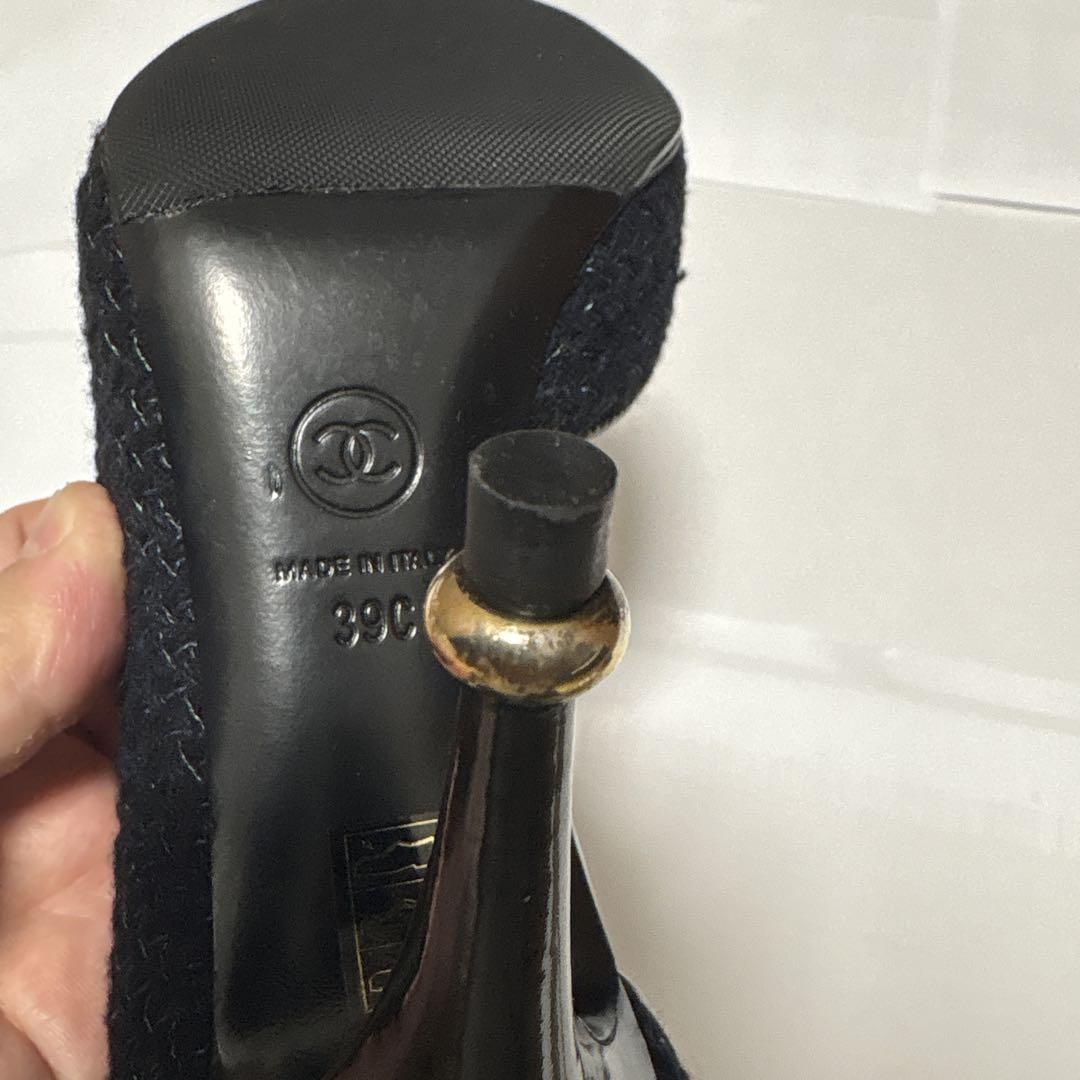 CHANEL ネイビー ツイード エナメル ハイヒール