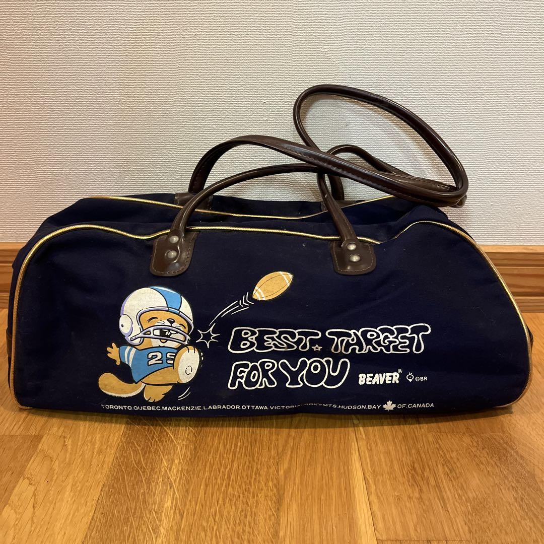 昭和レトロ　BEAVER   ボストンバック　ラグビー柄　ネイビー　レア