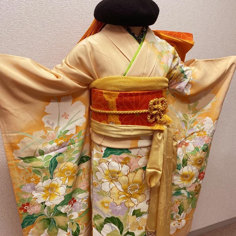 501aj63◎振袖＆袋帯 金駒刺繍 金彩 花 成人式 結婚式 十三参り◎
