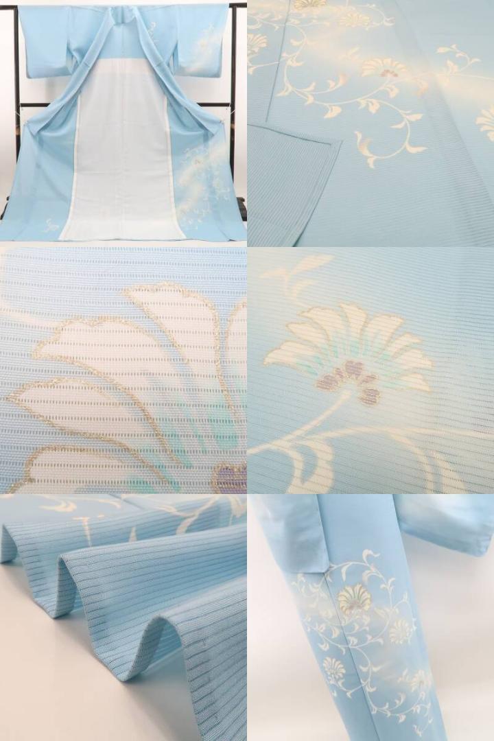 新品 絽 金駒刺繍 唐花 夏着物 正絹 仕付け糸付トールサイズ