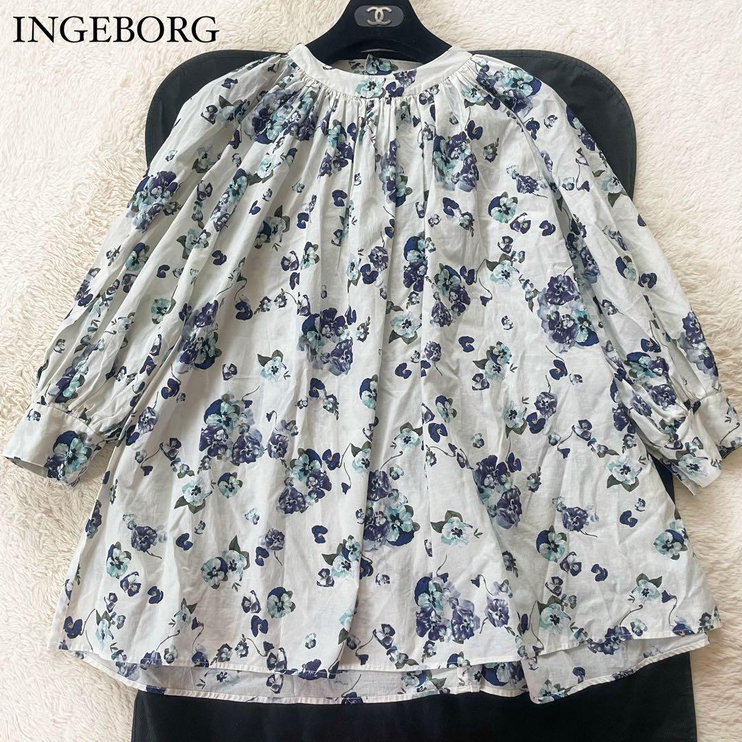 極美品 パンジー フラワープリントチュニックブラウス 花柄 ギャザー