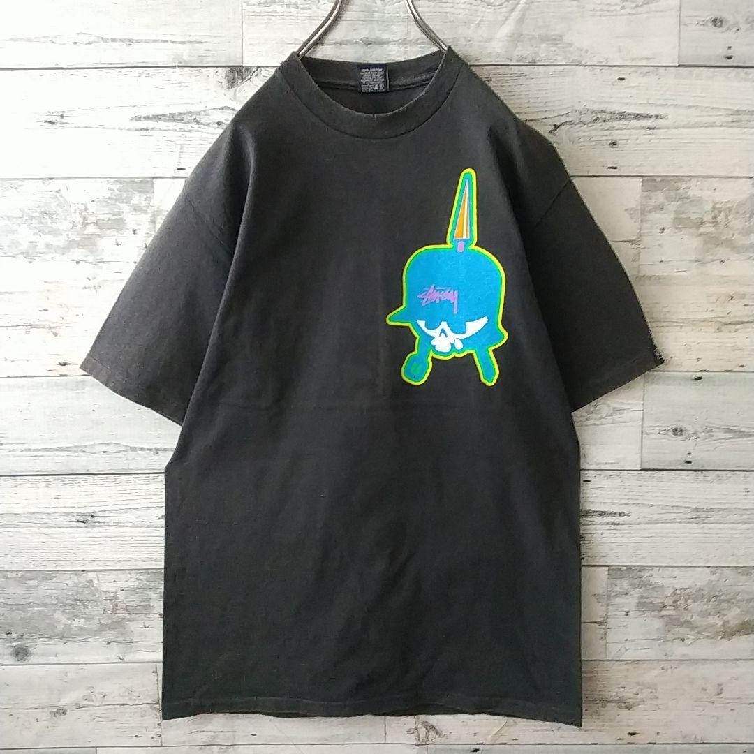 90s 紺タグ オールドステューシー×カスタメイド スカル Tシャツ 黒 M