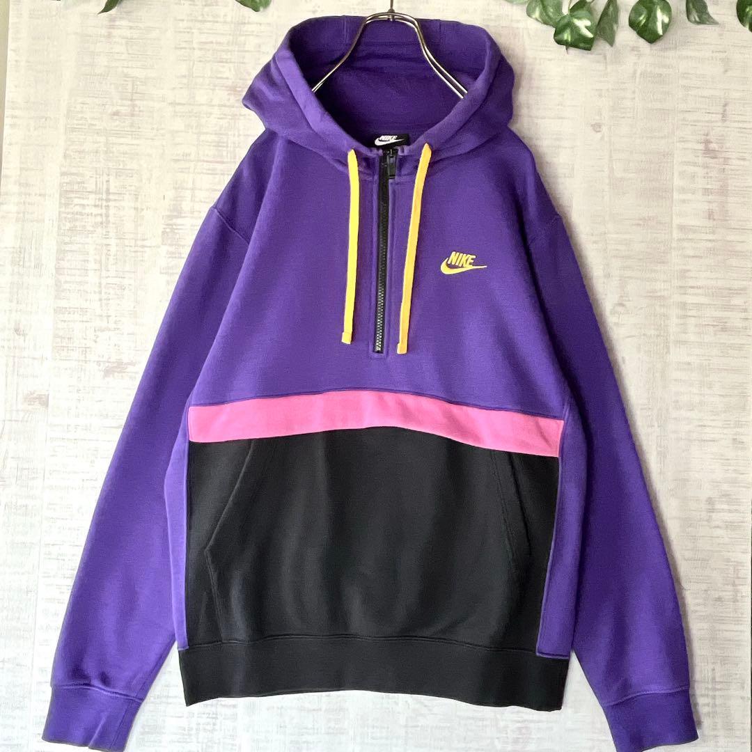 NIKE ナイキ ハーフジップパーカー ロゴ刺繍 配色切り替え 紫 黒 M NIKE ナイキ ハーフジップパーカー ロゴ刺繍 配色切り替え 紫 黒 M