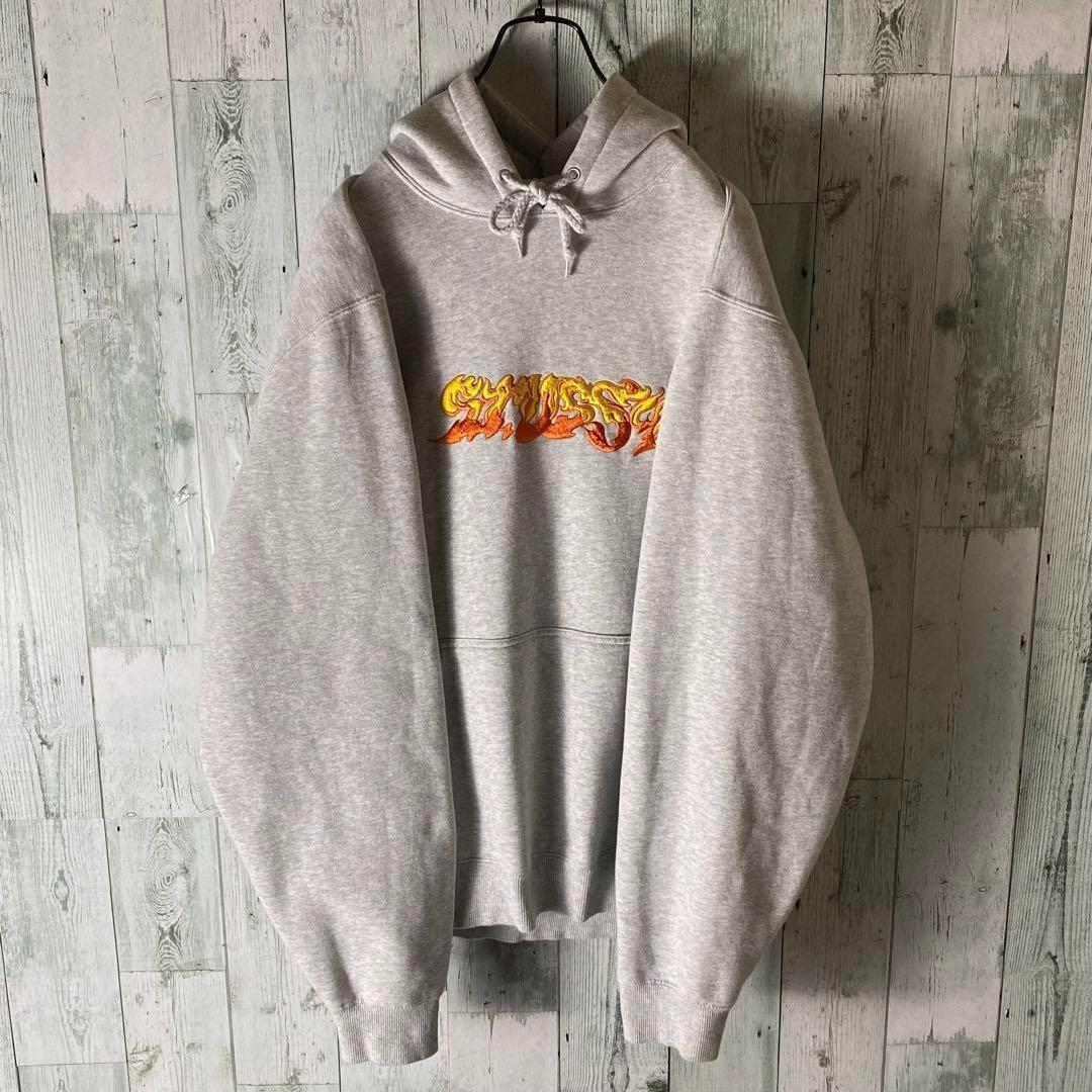 【※激レア】ステューシー★ファイヤー刺繍ロゴ スウェット パーカー グレー XL