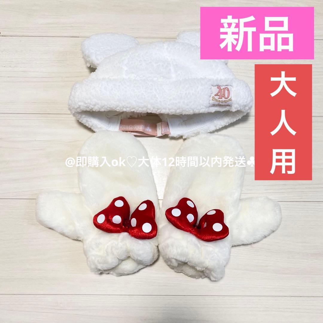 【廃盤レア】ディズニー ミニー もこもこ ファンキャップ ミトン セット すっぽりかぶれてあったかかわいい☆ディズニーランドのカラフルミニー