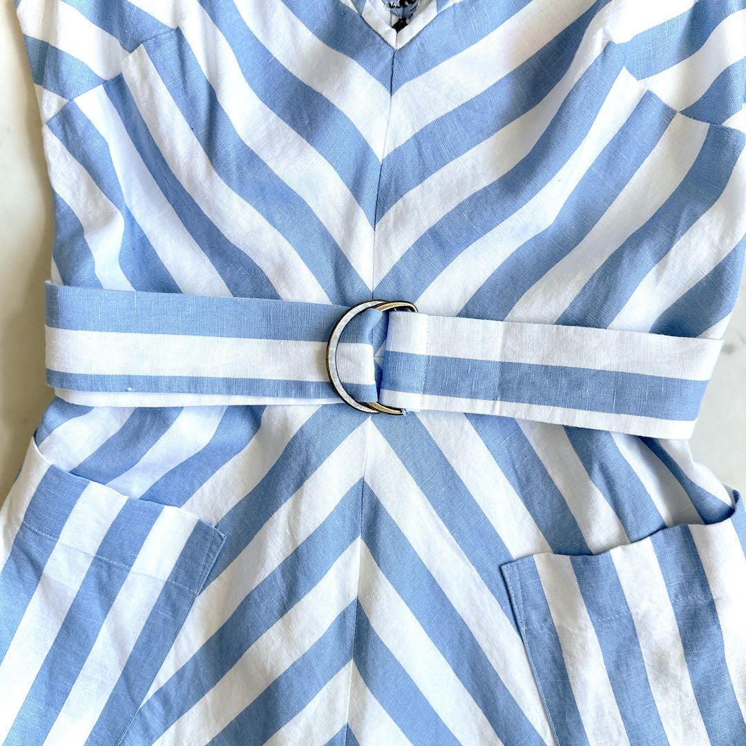 極美品 ケイトスペード ノースリーブリネンワンピース ブルー 麻 ベルト付き