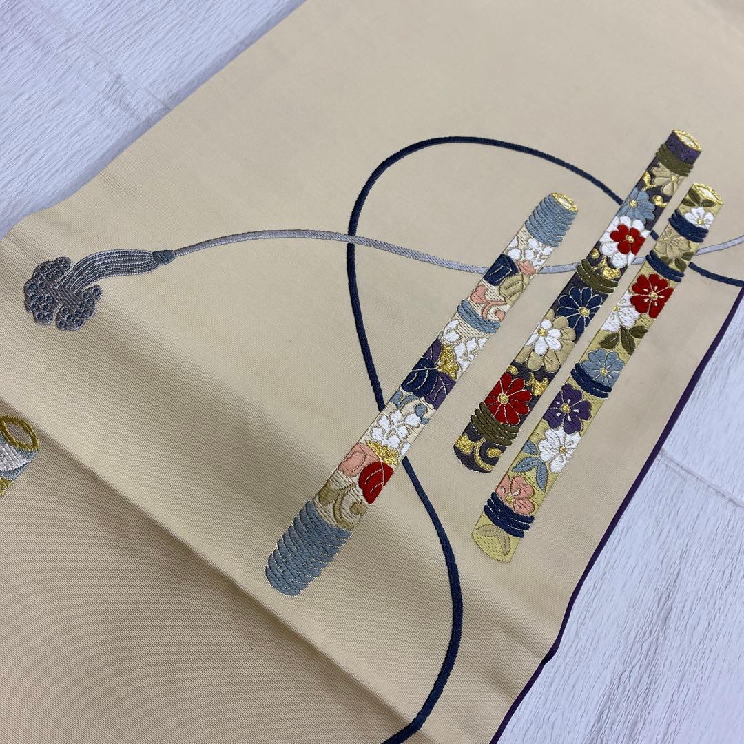 Y6500 アイボリー 笛 紐 袋帯 正絹 六通 訪問着 色無地 付下やや傷や汚れあり