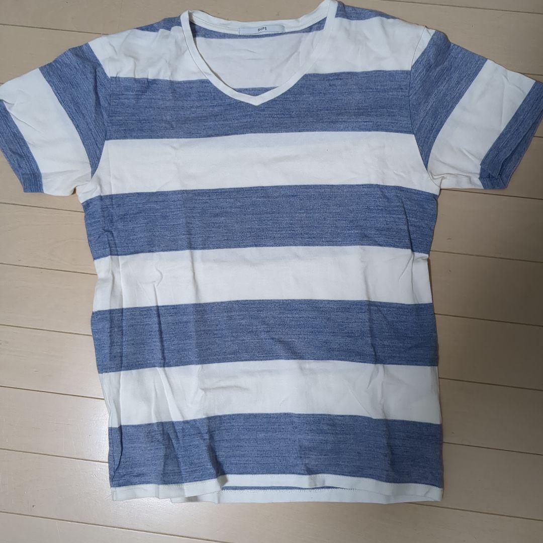 最新入荷 SHIPS ストライプ Vネック Tシャツ M ブルーホワイト（青白 ウェア
