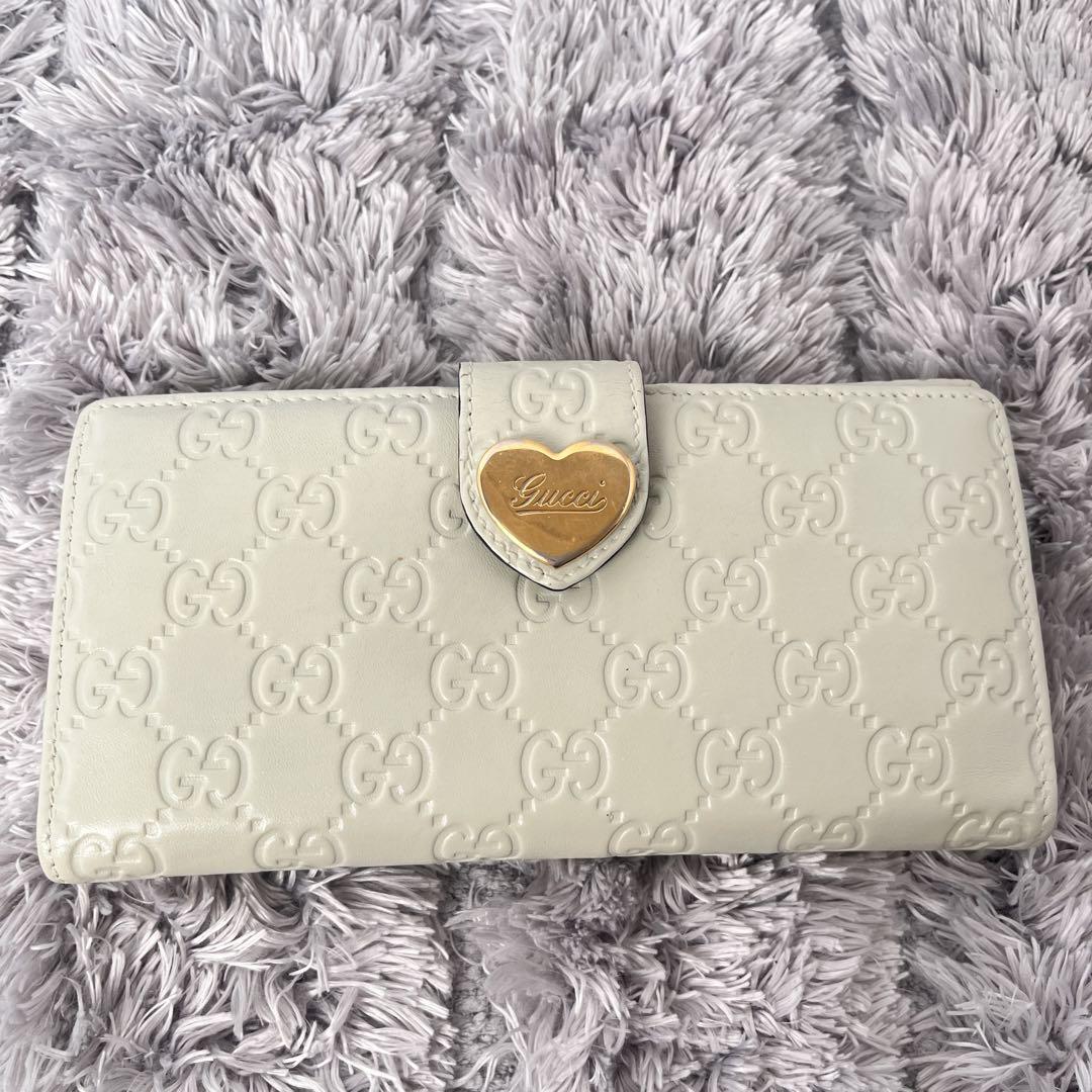 美品✨GUCCI 長財布　シマ　ラブリーハート　ホワイトグレー　レディース