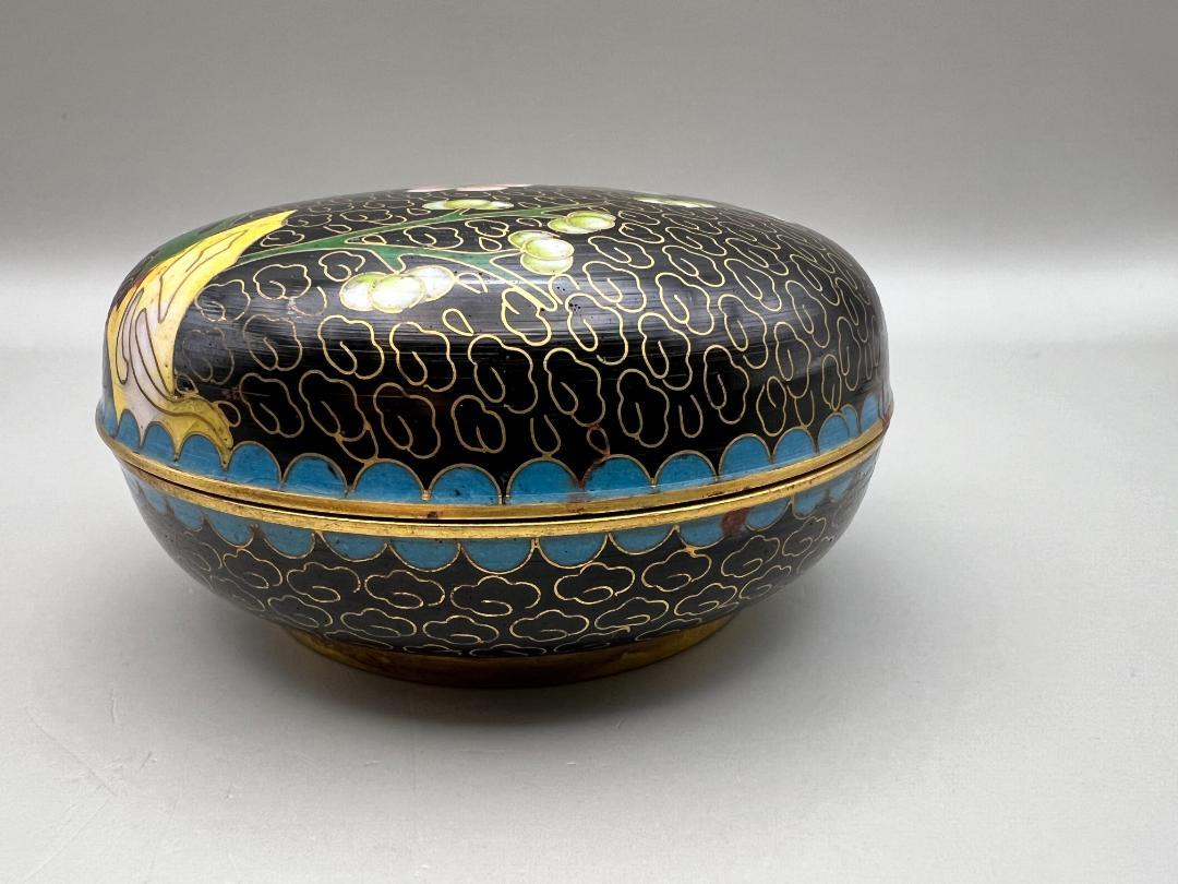 【海】七宝銅胎琺瑯　朱肉入（朱肉あり）古銅  元箱付　時代品 骨董品　中国美術品