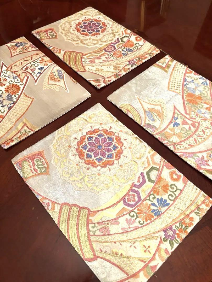 2734キュートな刺繍のティーマット4枚セット 袋帯リメイク 日本のお土産に❗️