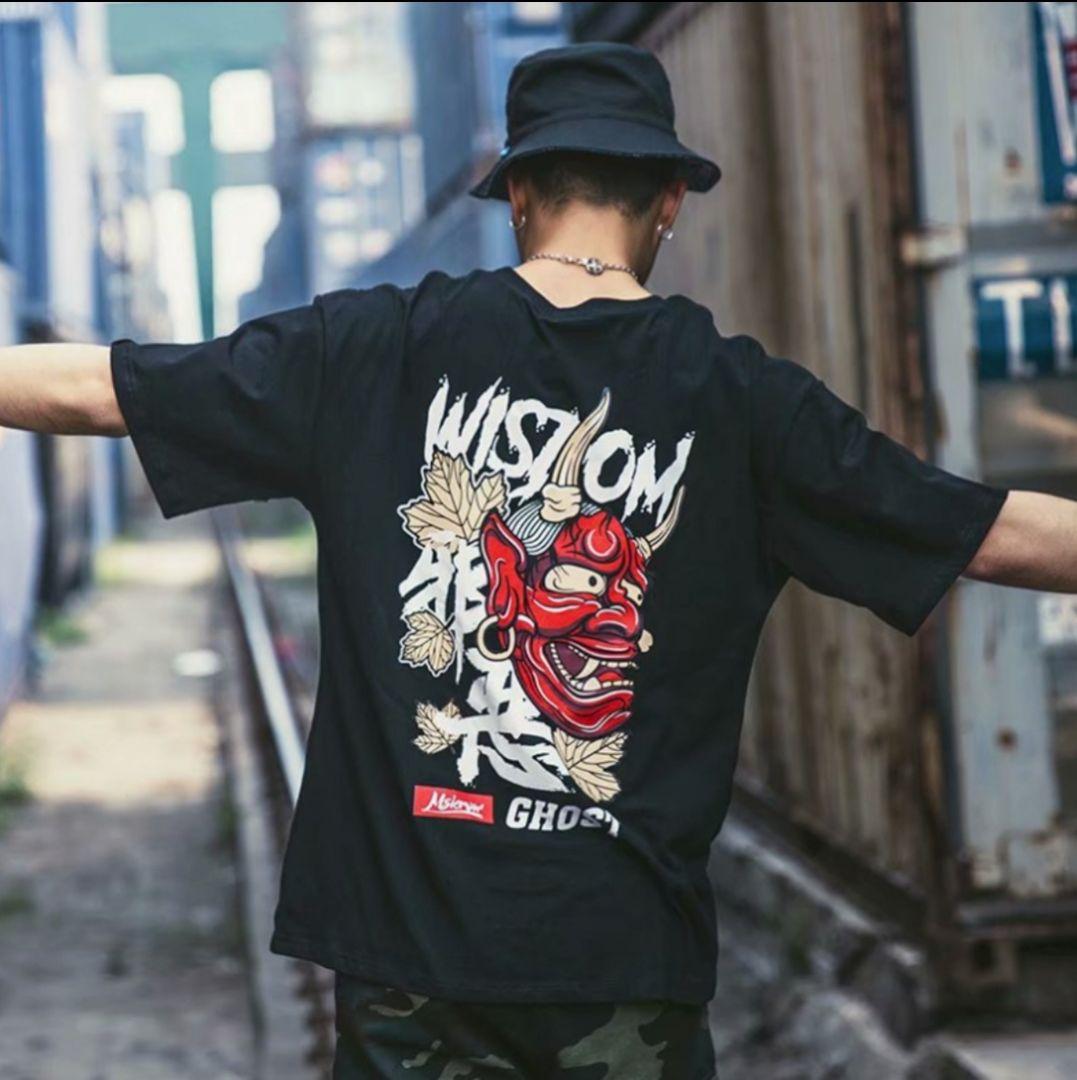 カジュアル トレンド グラフィックTシャツ ブラック 黒T 和風 鬼 カジュアル トレンド グラフィックTシャツ ブラック 黒T 和風 鬼