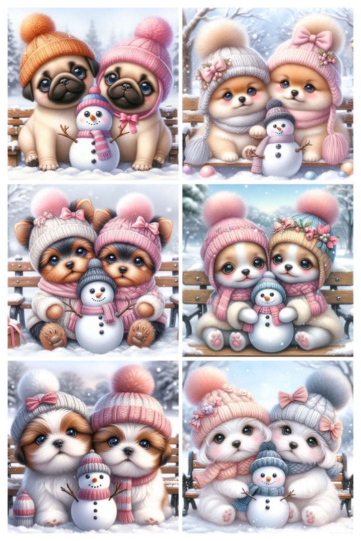 【オーダー受付終了】パネル生地 243  雪だるまとワンコ 6柄セット