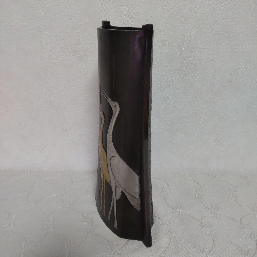 【高岡銅器】銅製  花瓶  瑞峰作  金銀双鶴  和モダン  花器  インテリア