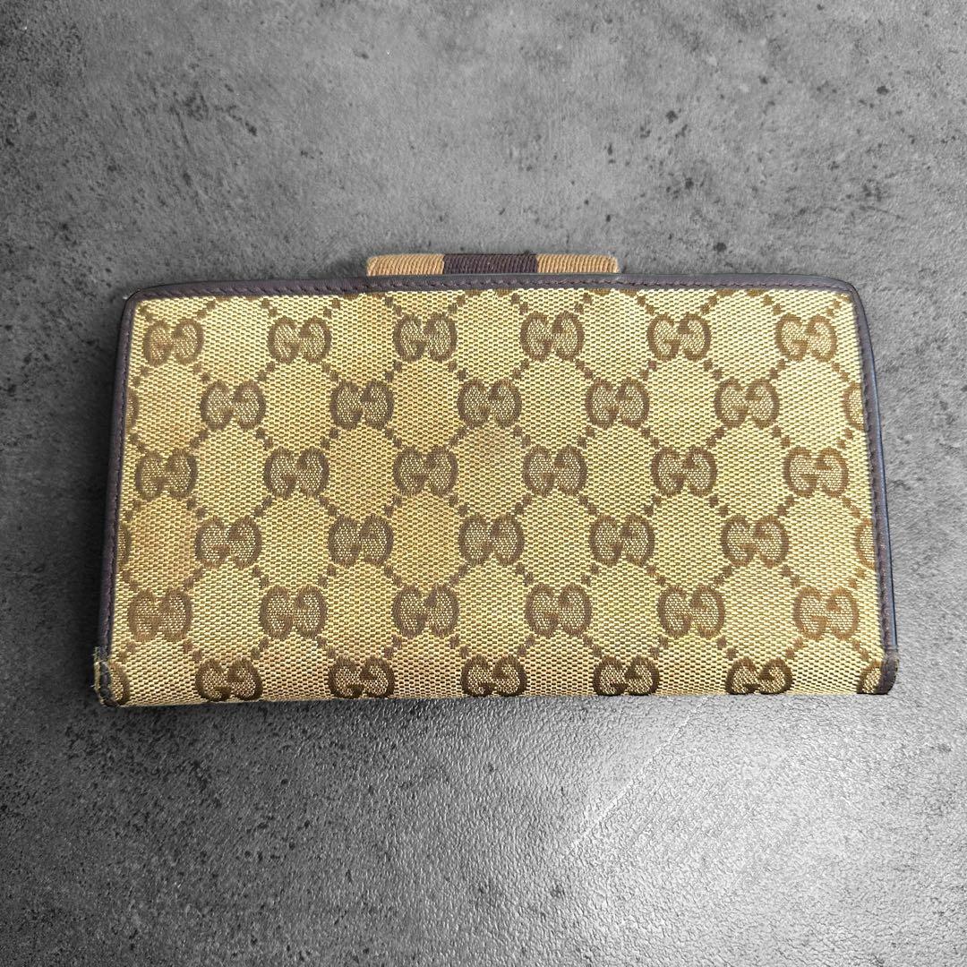 GUCCI シェリーライン　GGキャンバス 二つ折り長財布 筆記体ロゴ　紫