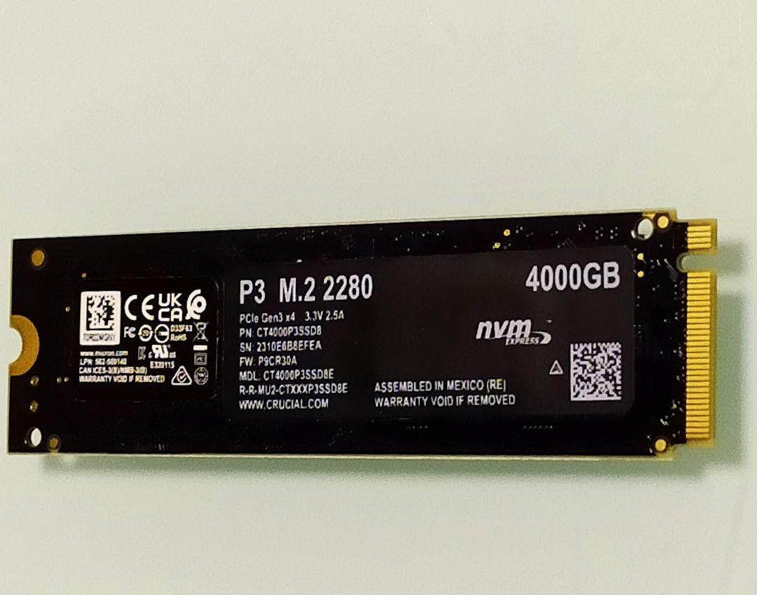 新品同様、動作確認済みのCrucial P3 SSD NVME 4TB　1個
