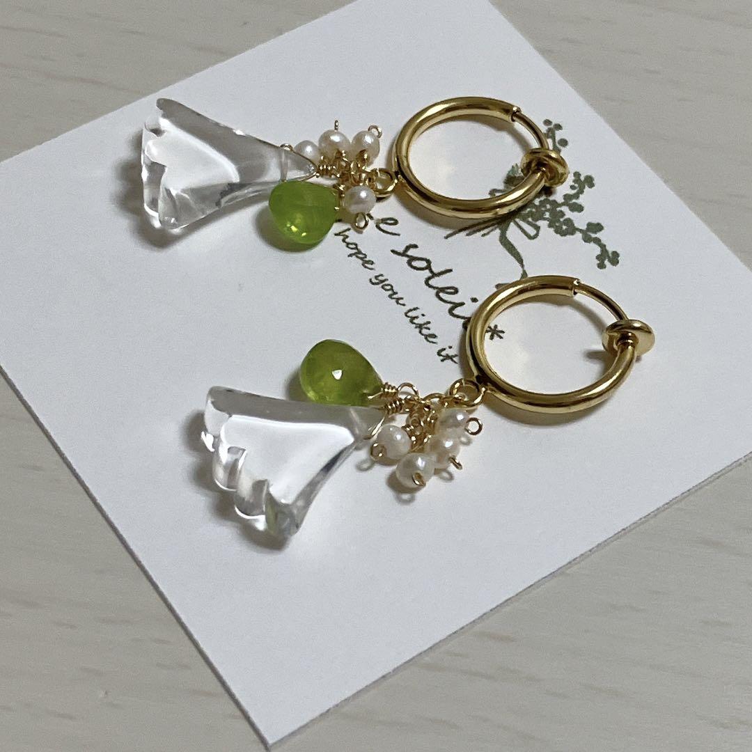 ポメころび◆リーフカービング フローライト×プレシャスオパールピアス