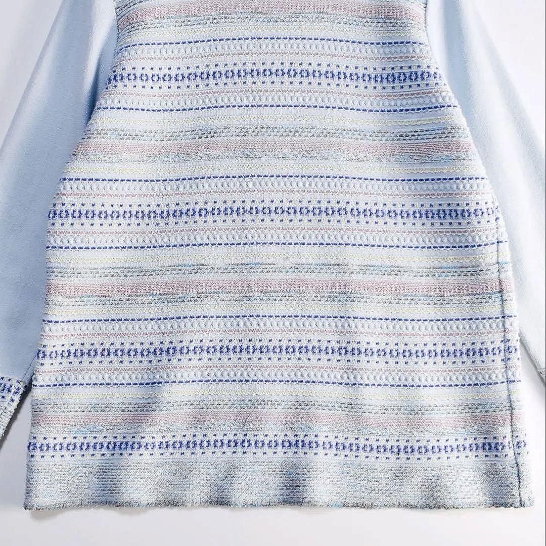 Leilian春夏サマーニットトップスプルオーバー ツィードジャガード刺繍ブルー