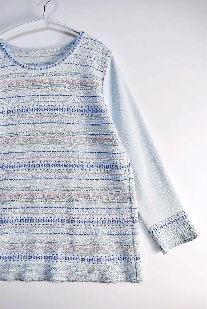 Leilian春夏サマーニットトップスプルオーバー ツィードジャガード刺繍ブルー
