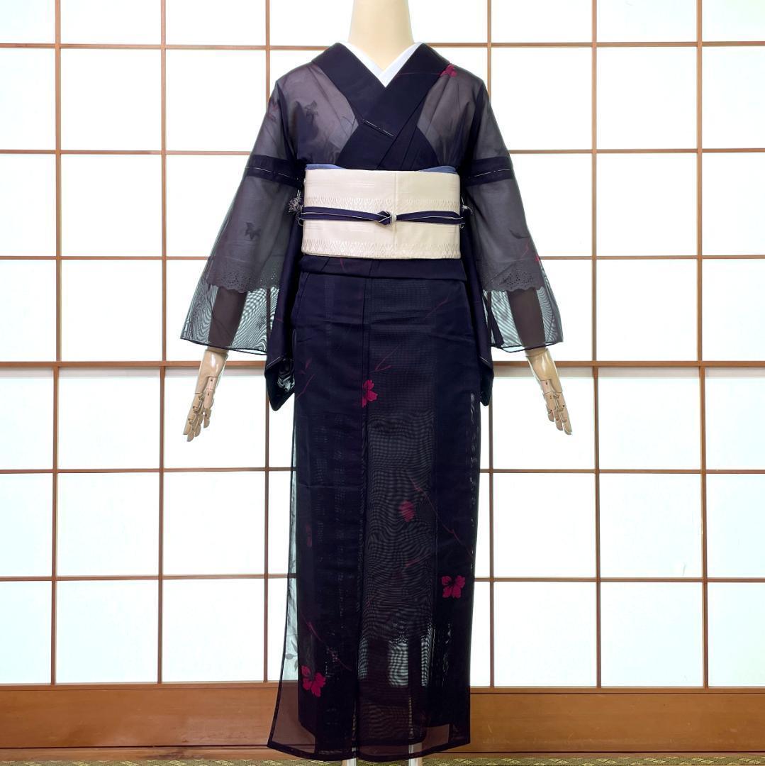 【超目玉枠】 二重紗 風通紗 夏着物 正絹 A-2286 未使用品 濃紺&ワイン 花柄 着物・浴衣