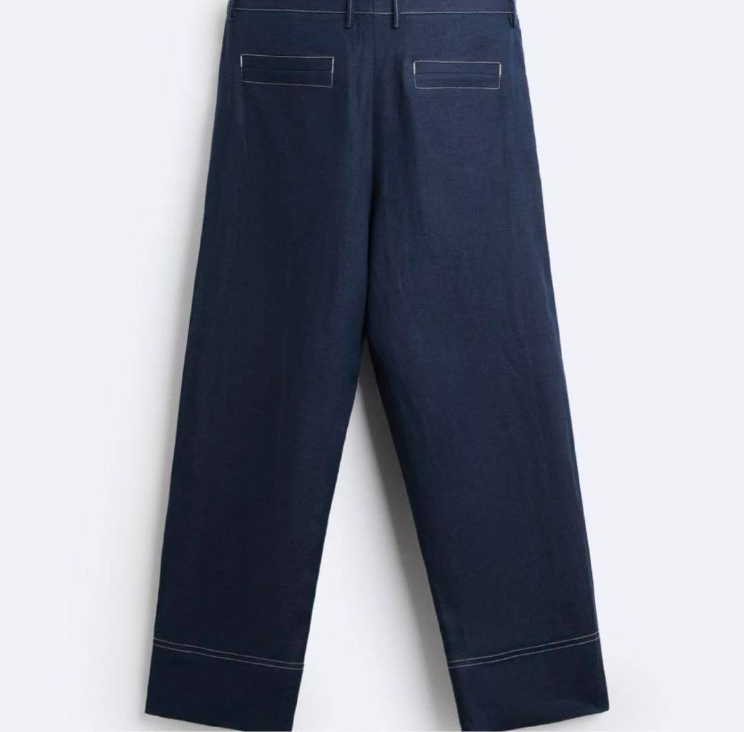 美品 44 ZARA ザラ L トップステッチ リネン パンツ ネイビー