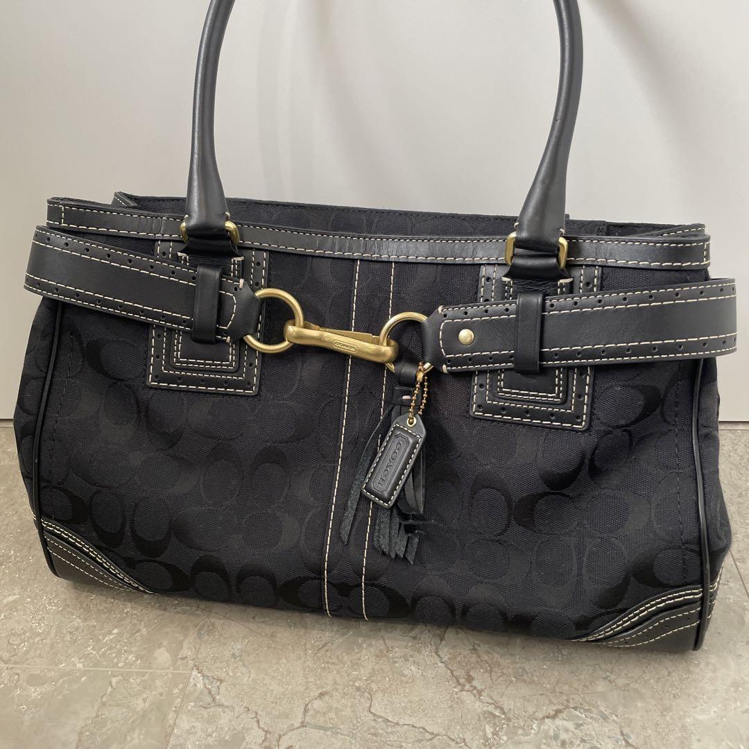 美品✨コーチ ハンドバッグ シグネチャー レザー ブラック 6092 COACH コーチ ショルダーバッグ シグネチャー レザー ブラック