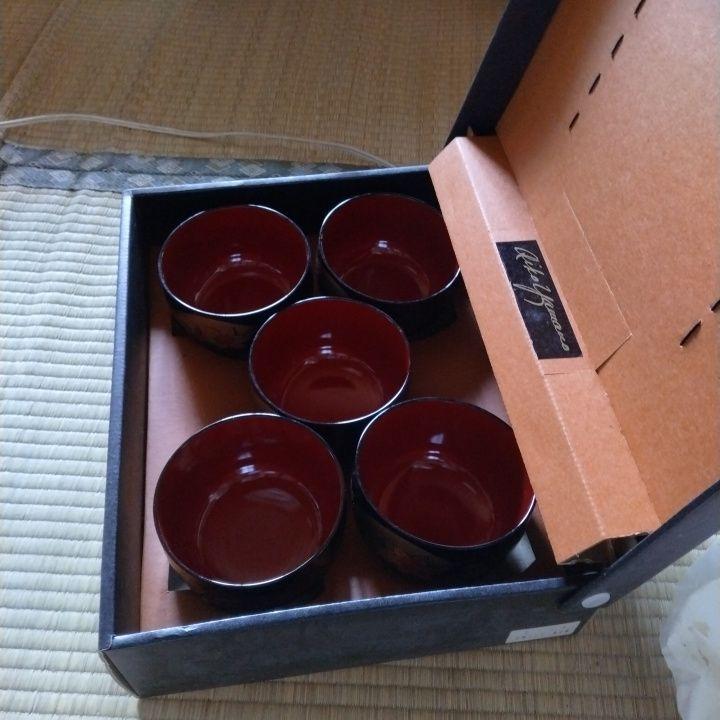漆器 椀 5個セット 金箔 紫の花模様 蓋付き