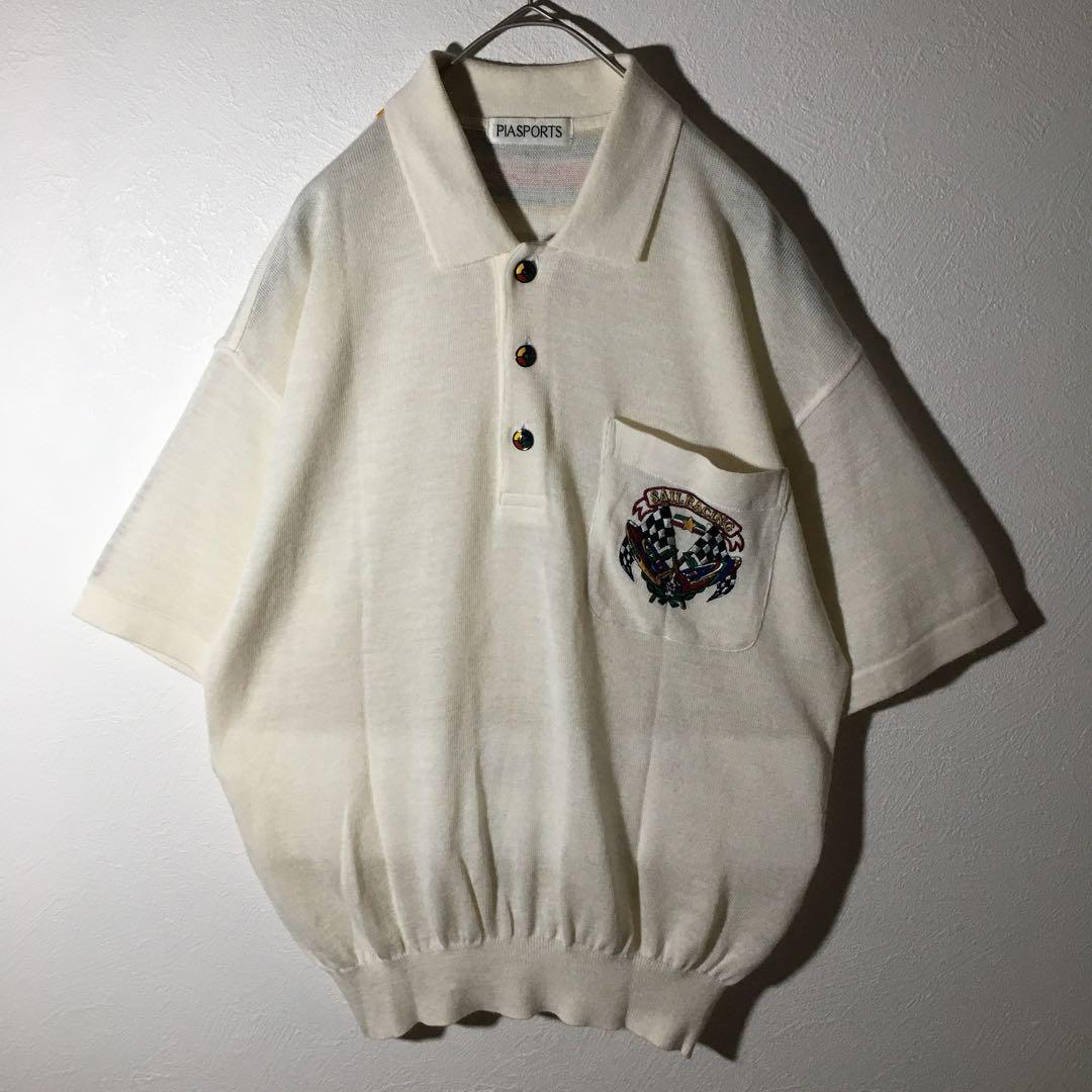 【個性派古着】日本製　半袖サマーセーター　白　襟付きハーフボタン　豪華刺繍入り
