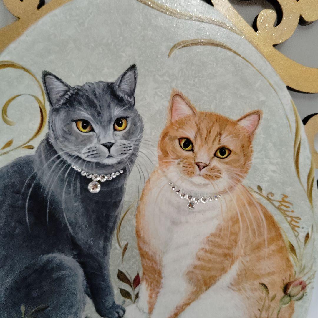 トールペイント猫と薔薇プラーク木製プレート47×28㌢