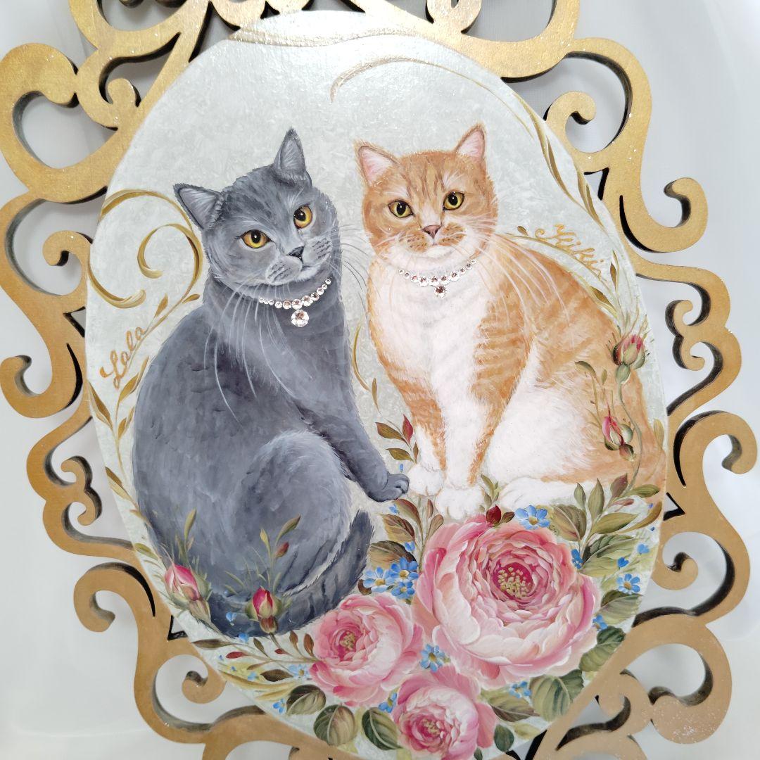 ミルク様ご トールペイント猫と薔薇プラーク木製プレート47×28㌢