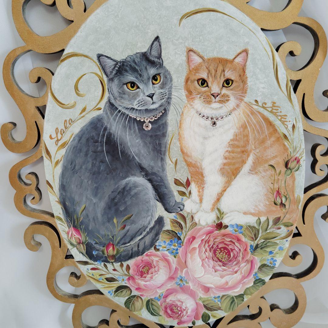 トールペイント猫と薔薇プラーク木製プレート47×28㌢