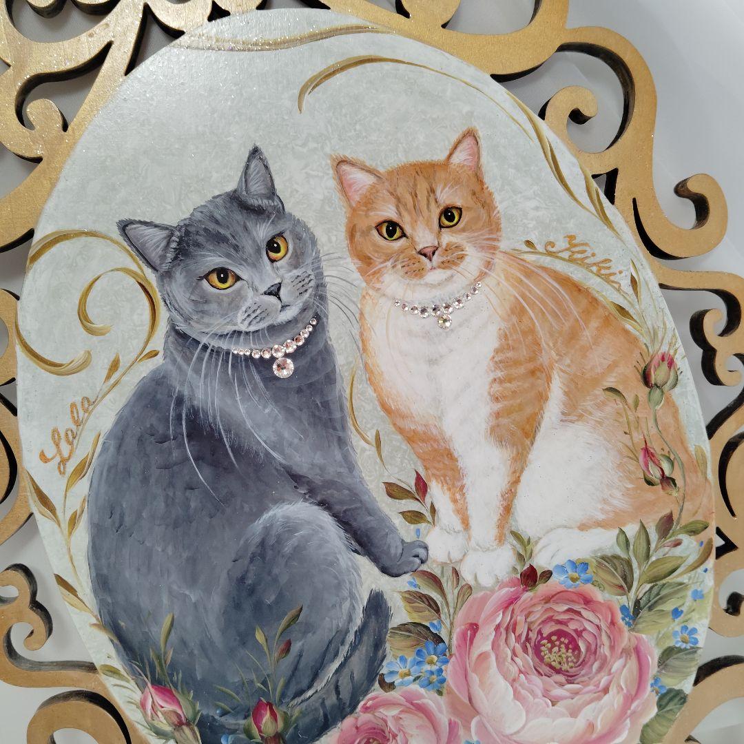 ミルク様ご トールペイント猫と薔薇プラーク木製プレート47×28㌢