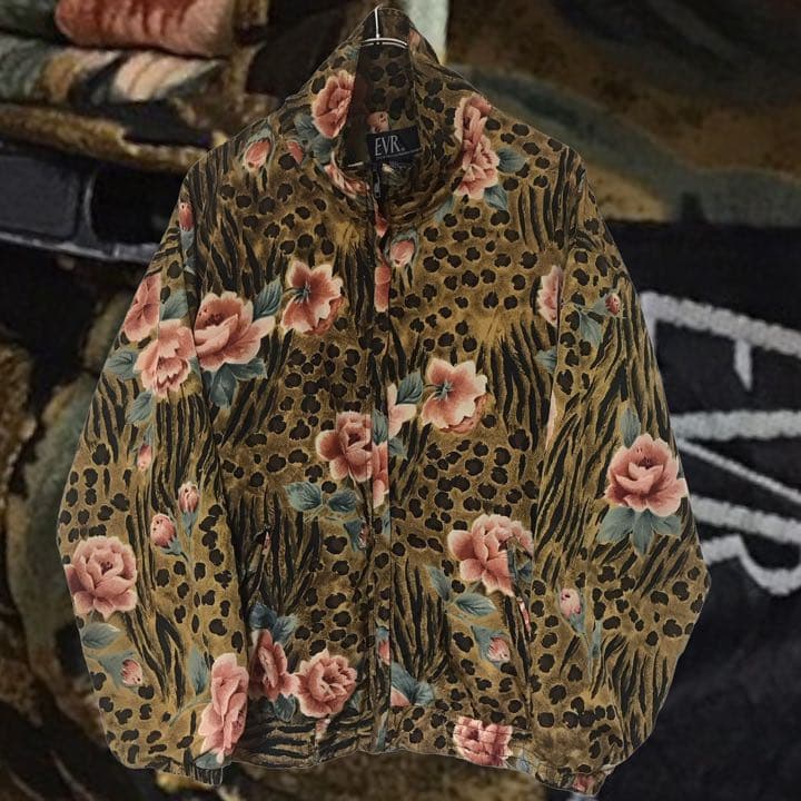 アメリカ古着 アニマル柄×花柄 レトロ ジップブルゾン ジャケット レオパード