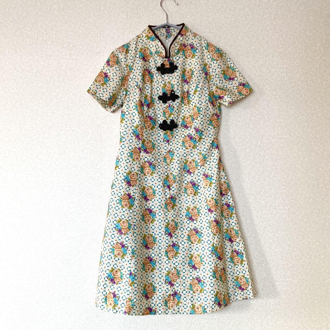 vintage 昭和レトロ 花柄 薔薇 チャイナ ミニワンピース 70s 80s